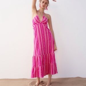 Zara Openwork Embroidered Eyelet Midi Halter Dress Hot Pink